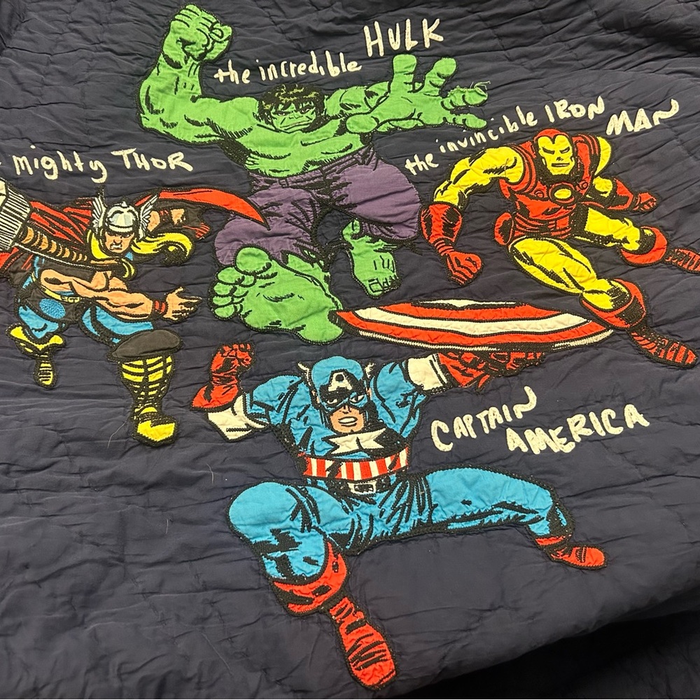 Lot of Kids Decor: Pottery Barn Kids Marvel Quilt and Generic Brand wall art